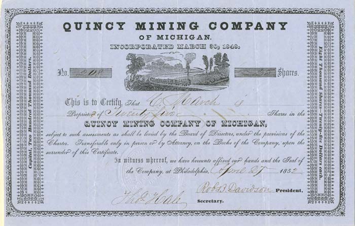 Quincy Mining Co. - 1852 dated Michigan Mining Stock Certificate